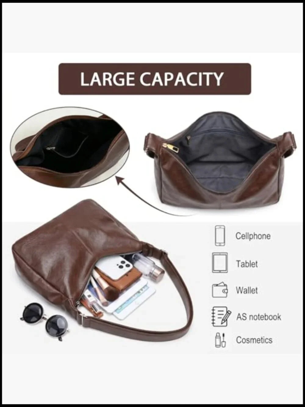 Vegan Leather Slouchy Hobo Shoulder Crossbody Bag Tote Purse Travel